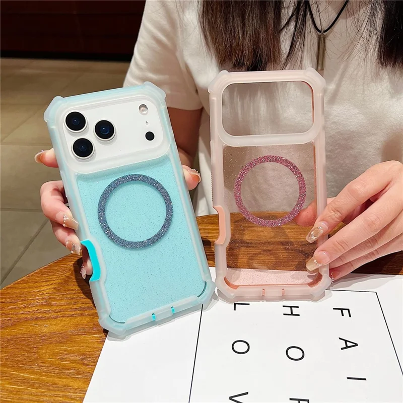 iPhone 17 Pro-hoesje, compatibel met MagSafe, versterkte hoeken, TPU + PC, transparant hoesje met glitter - transparant roze