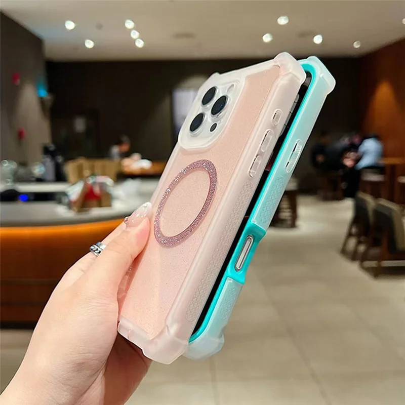 For iPhone 16 Pro Max Case Compatible with MagSafe Reinforced Corner TPU + PC Transparent Glitter Phone Cover - Transparent Pink