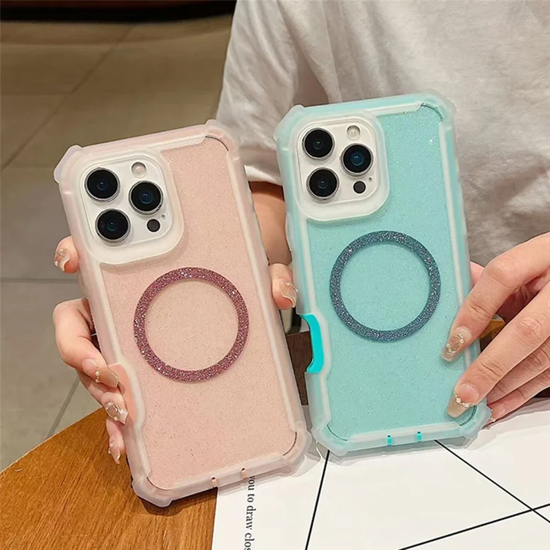 For iPhone 16 Pro Max Case Compatible with MagSafe Reinforced Corner TPU + PC Transparent Glitter Phone Cover - Transparent Pink