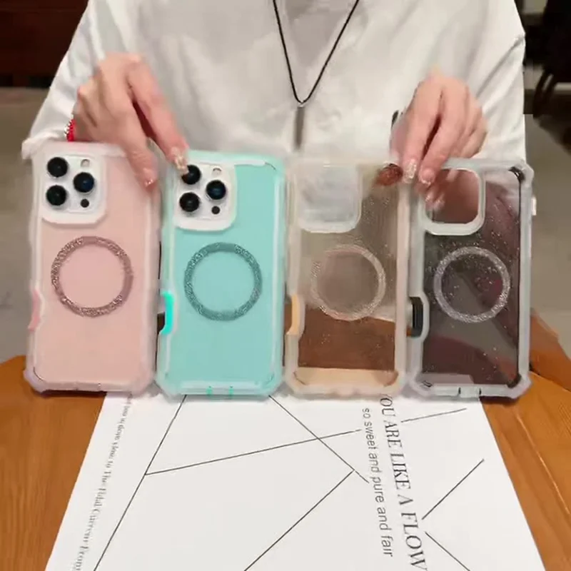 For iPhone 16 Pro Max Case Compatible with MagSafe Reinforced Corner TPU + PC Transparent Glitter Phone Cover - Transparent Pink