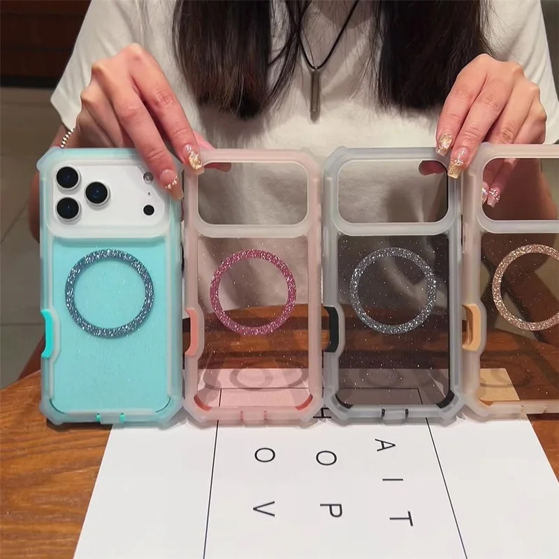 Hoesje voor iPhone 17 Pro Max, compatibel met MagSafe, versterkte hoeken, TPU + transparant PC-hoesje met glitter - transparant roze