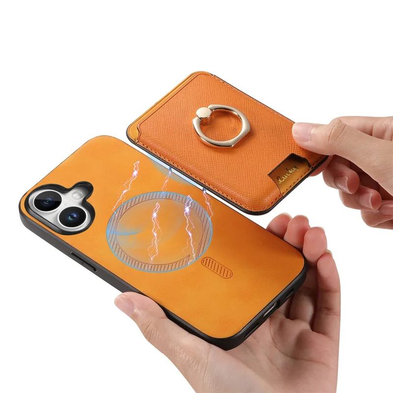For iPhone 17 Magnetic Case Detachable Card Bag Leather Back Cover with Kickstand - Orange