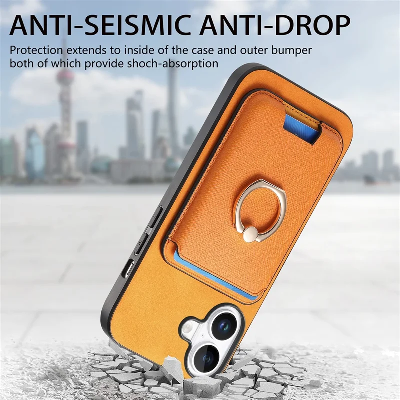 For iPhone 17 Magnetic Case Detachable Card Bag Leather Back Cover with Kickstand - Orange