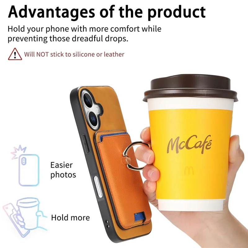 For iPhone 17 Magnetic Case Detachable Card Bag Leather Back Cover with Kickstand - Orange