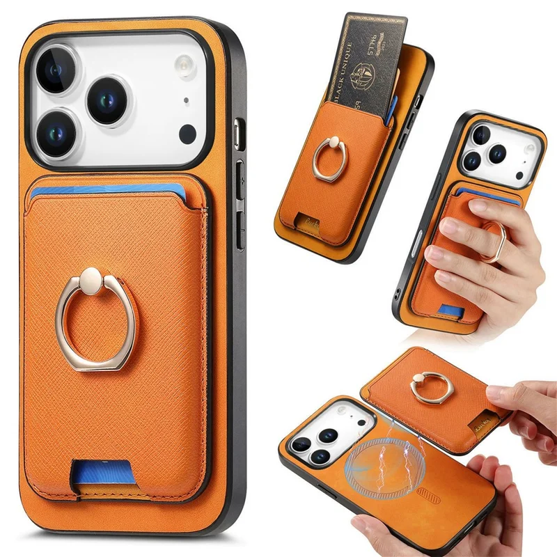 Voor iPhone 17 Pro Max Magnetische Hoesje Afbreekbare Cardholder Leren Achterkant met Standaard - Oranje