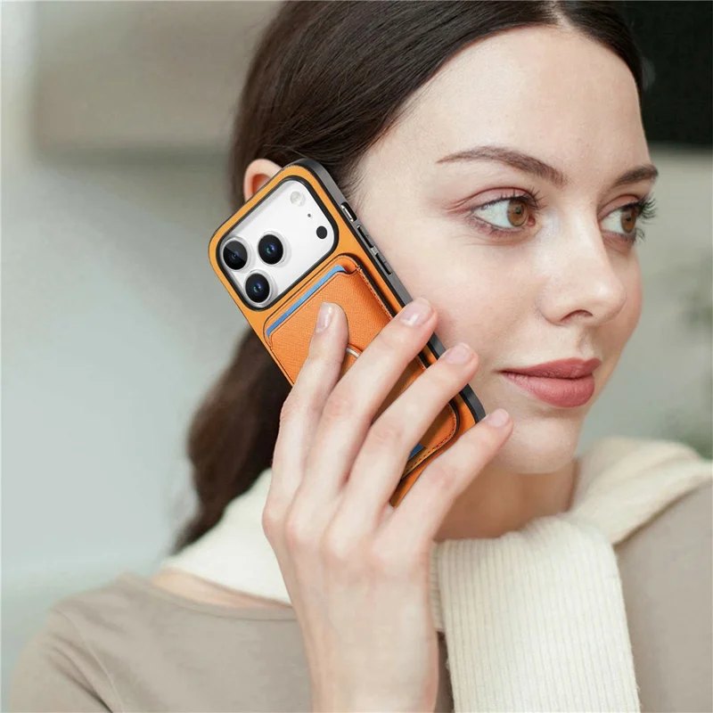 Voor iPhone 17 Pro Max Magnetische Hoesje Afbreekbare Cardholder Leren Achterkant met Standaard - Oranje