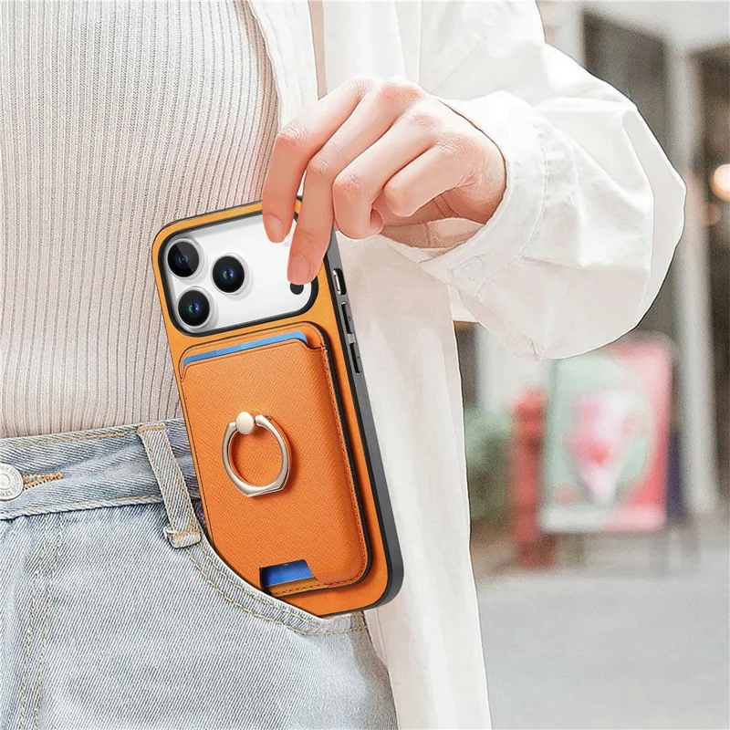Voor iPhone 17 Pro Max Magnetische Hoesje Afbreekbare Cardholder Leren Achterkant met Standaard - Oranje