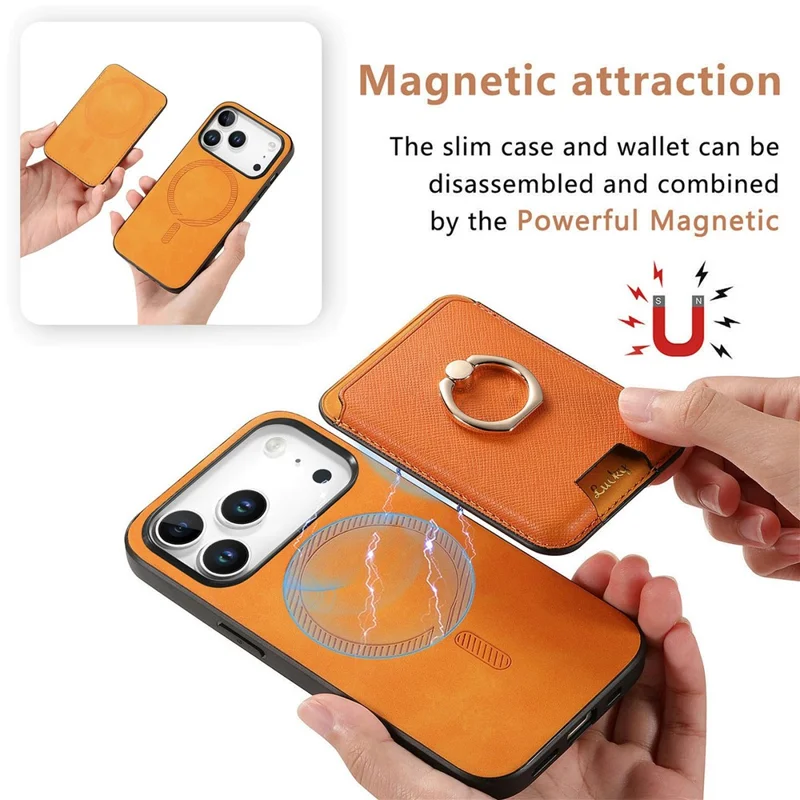 Voor iPhone 17 Pro Max Magnetische Hoesje Afbreekbare Cardholder Leren Achterkant met Standaard - Oranje