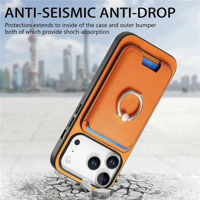 Voor iPhone 17 Pro Max Magnetische Hoesje Afbreekbare Cardholder Leren Achterkant met Standaard - Oranje