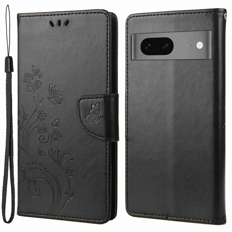Para Google Pixel 7 5G Imprinting Flower Butterflies Phone Cover PU Leather Anti-scratch Wallet Stand Case - Negro