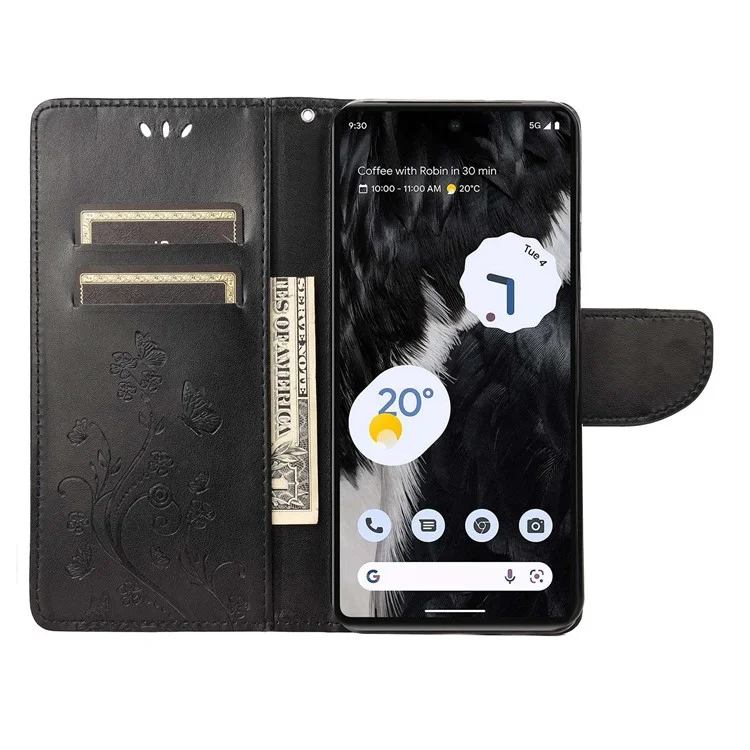 Para Google Pixel 7 5G Imprinting Flower Butterflies Phone Cover PU Leather Anti-scratch Wallet Stand Case - Negro