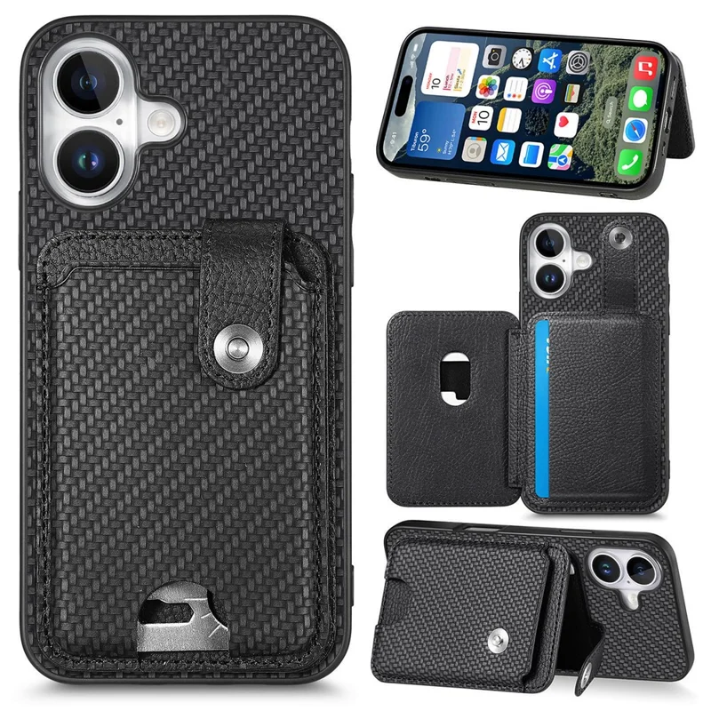 For iPhone 17 Case Card Slots Kickstand Phone Back Cover with Card Tool - Black