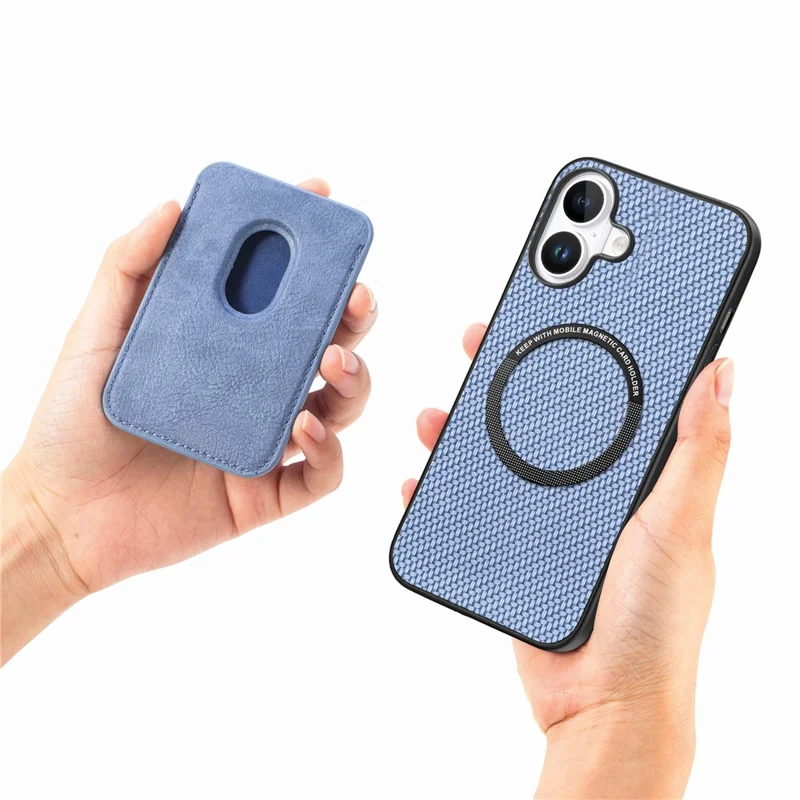 For iPhone 17 Case Carbon Fiber Leather Back Cover with Detachable Card Bag - Blue