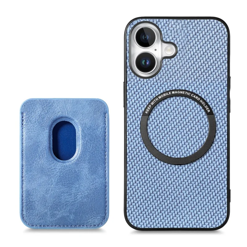 For iPhone 17 Case Carbon Fiber Leather Back Cover with Detachable Card Bag - Blue