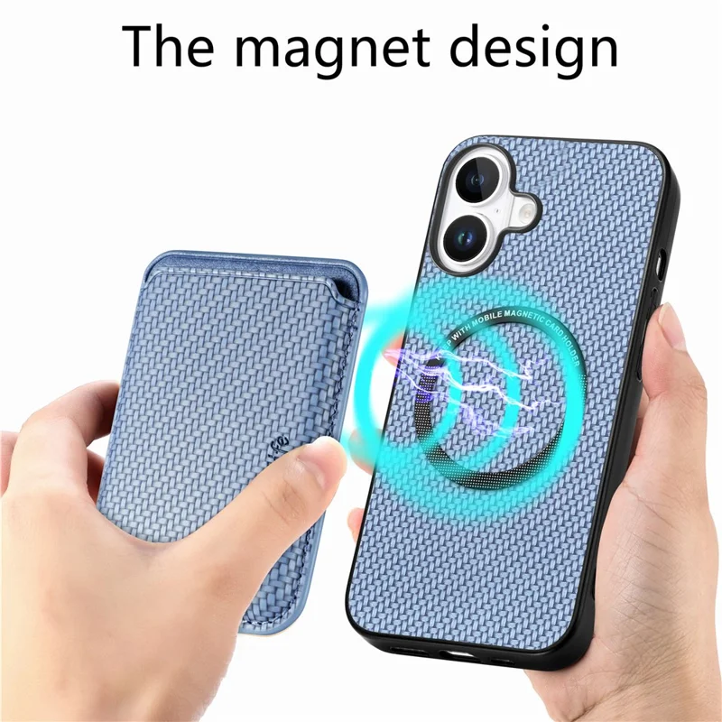 For iPhone 17 Case Carbon Fiber Leather Back Cover with Detachable Card Bag - Blue