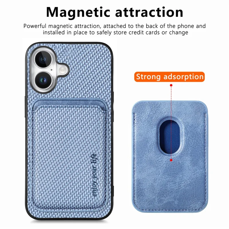 For iPhone 17 Case Carbon Fiber Leather Back Cover with Detachable Card Bag - Blue