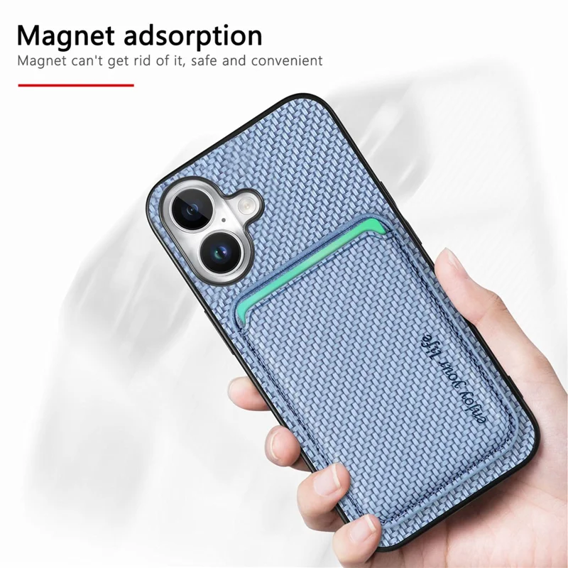 For iPhone 17 Case Carbon Fiber Leather Back Cover with Detachable Card Bag - Blue