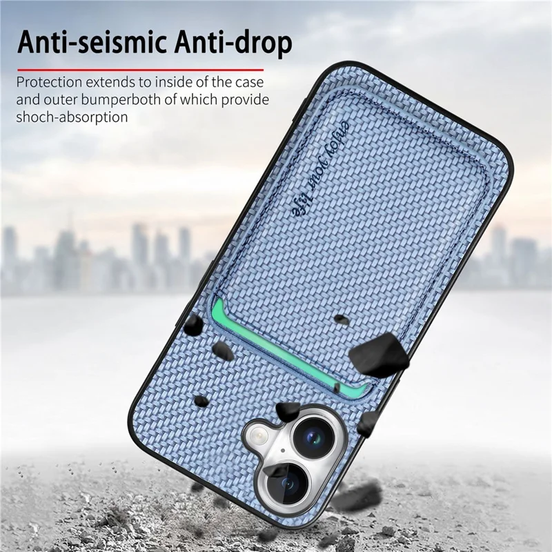 For iPhone 17 Case Carbon Fiber Leather Back Cover with Detachable Card Bag - Blue