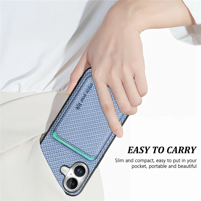 For iPhone 17 Case Carbon Fiber Leather Back Cover with Detachable Card Bag - Blue