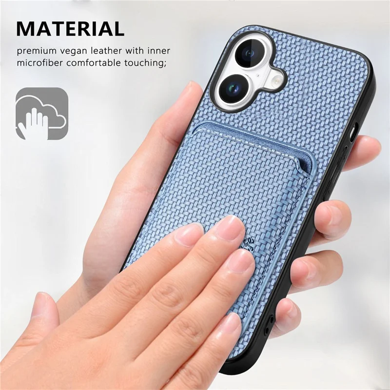 For iPhone 17 Case Carbon Fiber Leather Back Cover with Detachable Card Bag - Blue