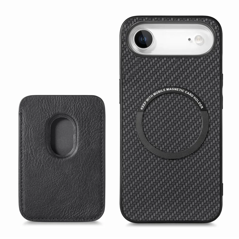 For iPhone Air Case Carbon Fiber Leather Back Cover with Detachable Card Bag - Black
