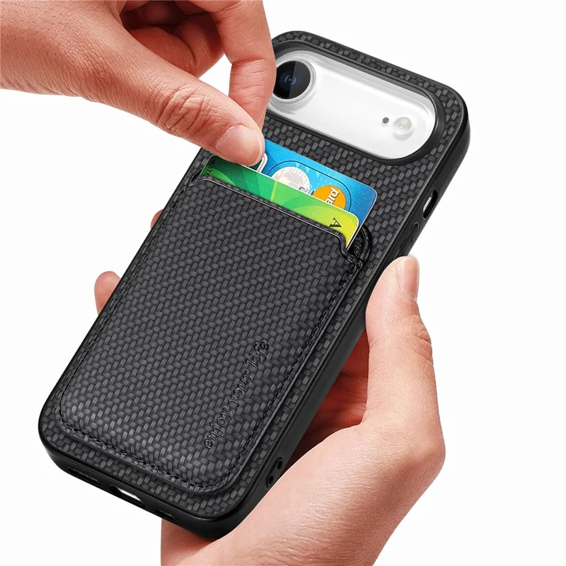 For iPhone Air Case Carbon Fiber Leather Back Cover with Detachable Card Bag - Black