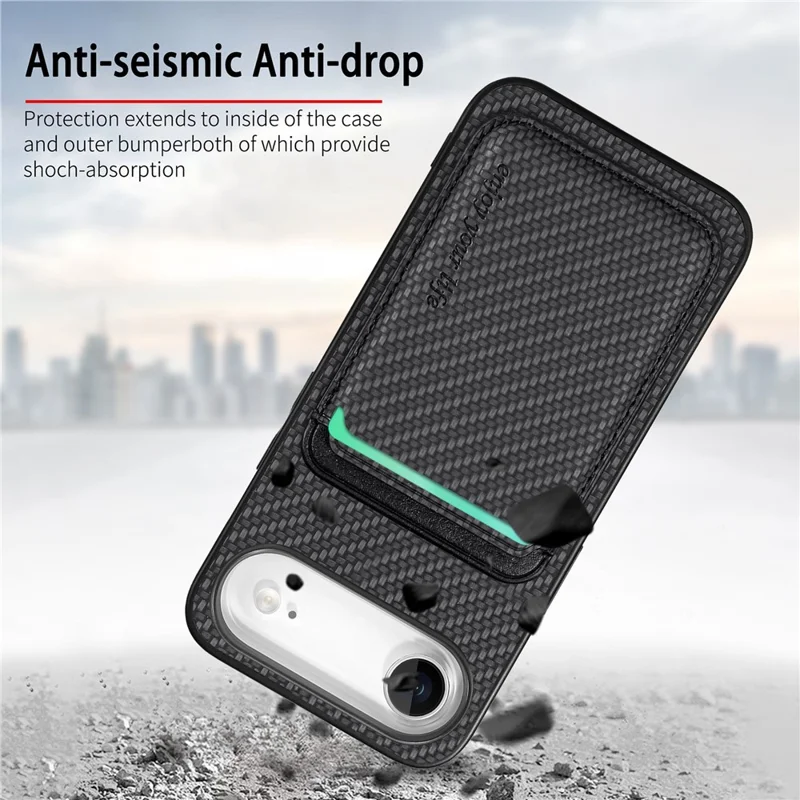 For iPhone Air Case Carbon Fiber Leather Back Cover with Detachable Card Bag - Black
