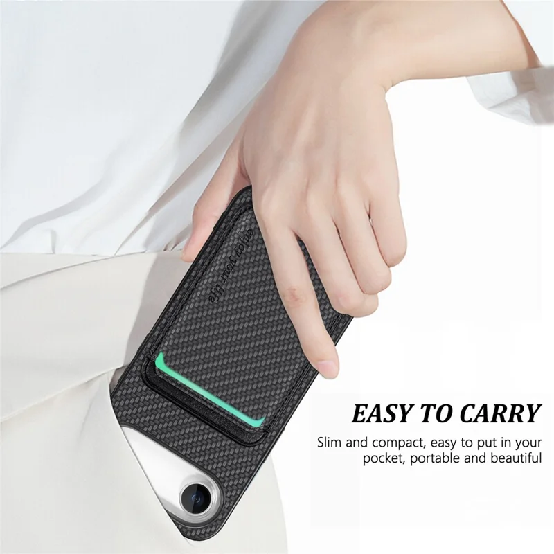 For iPhone Air Case Carbon Fiber Leather Back Cover with Detachable Card Bag - Black
