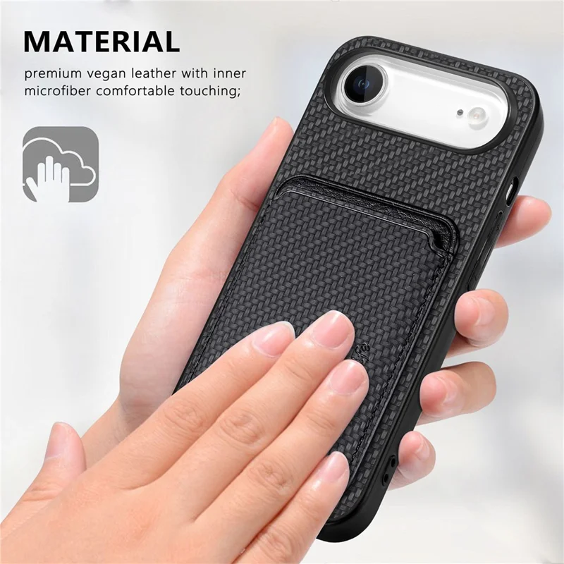 For iPhone Air Case Carbon Fiber Leather Back Cover with Detachable Card Bag - Black