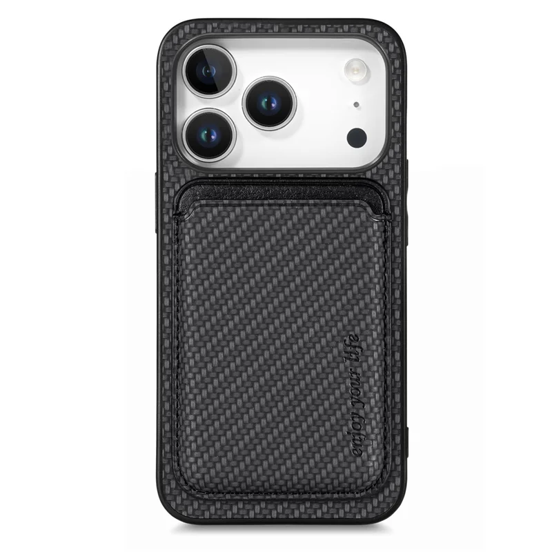 For iPhone 17 Pro Case Carbon Fiber Leather Back Cover with Detachable Card Bag - Black