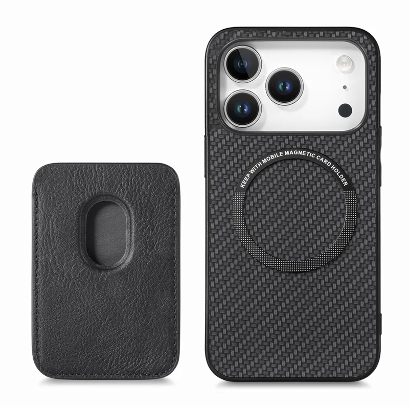 For iPhone 17 Pro Case Carbon Fiber Leather Back Cover with Detachable Card Bag - Black