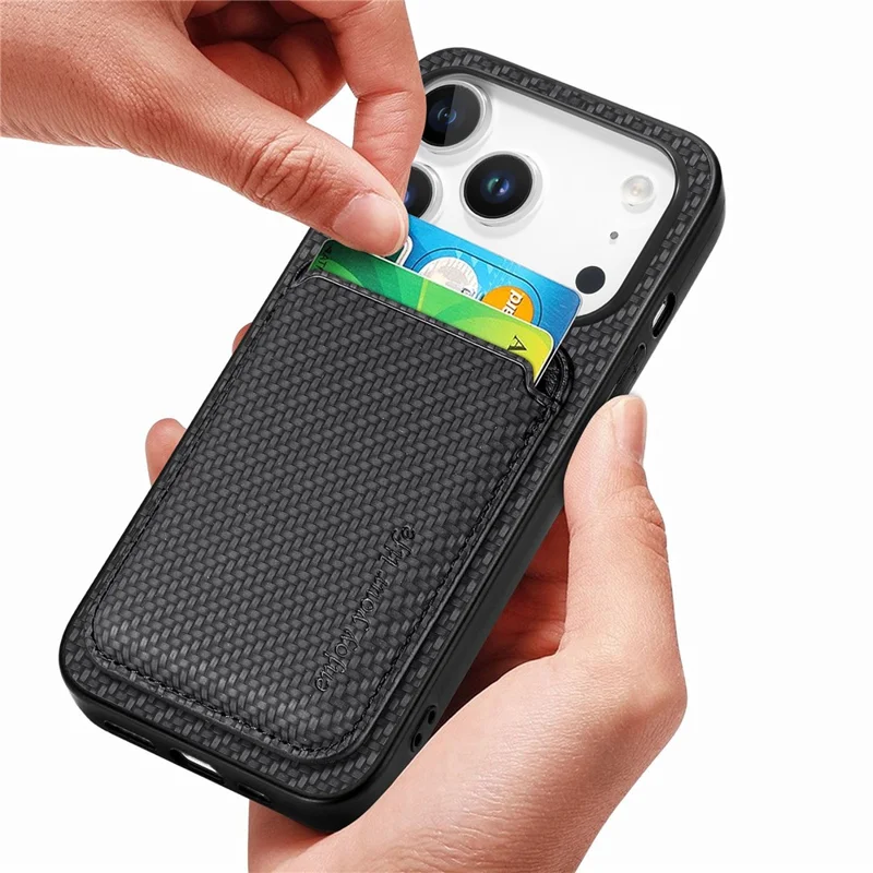 For iPhone 17 Pro Case Carbon Fiber Leather Back Cover with Detachable Card Bag - Black