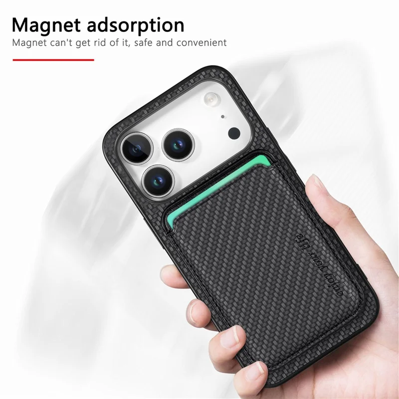 For iPhone 17 Pro Case Carbon Fiber Leather Back Cover with Detachable Card Bag - Black