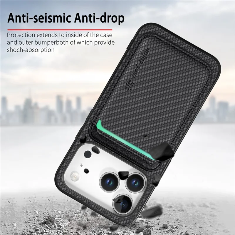 For iPhone 17 Pro Case Carbon Fiber Leather Back Cover with Detachable Card Bag - Black