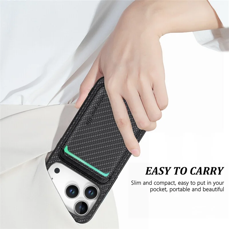 For iPhone 17 Pro Case Carbon Fiber Leather Back Cover with Detachable Card Bag - Black
