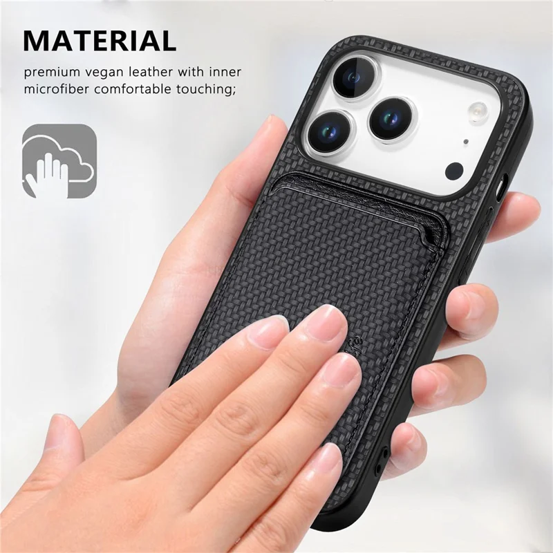 For iPhone 17 Pro Case Carbon Fiber Leather Back Cover with Detachable Card Bag - Black