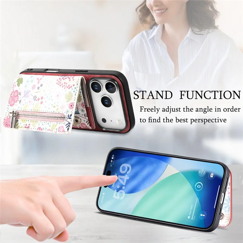 For iPhone 17 Pro Leather Phone Cover with RFID Blocking Zipper Card Bag Kickstand - Pink