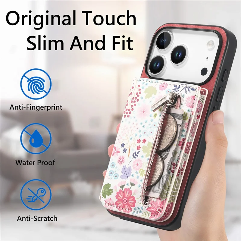 For iPhone 17 Pro Leather Phone Cover with RFID Blocking Zipper Card Bag Kickstand - Pink