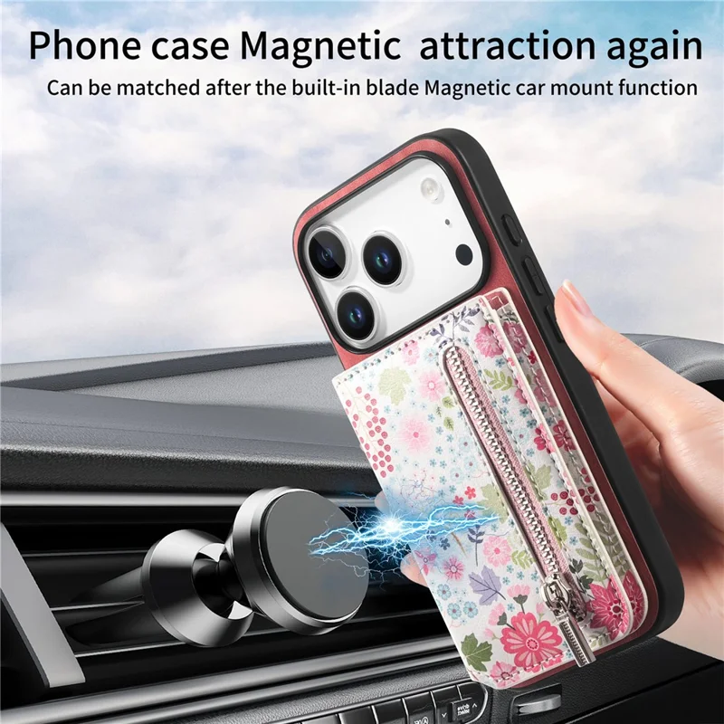 For iPhone 17 Pro Leather Phone Cover with RFID Blocking Zipper Card Bag Kickstand - Pink