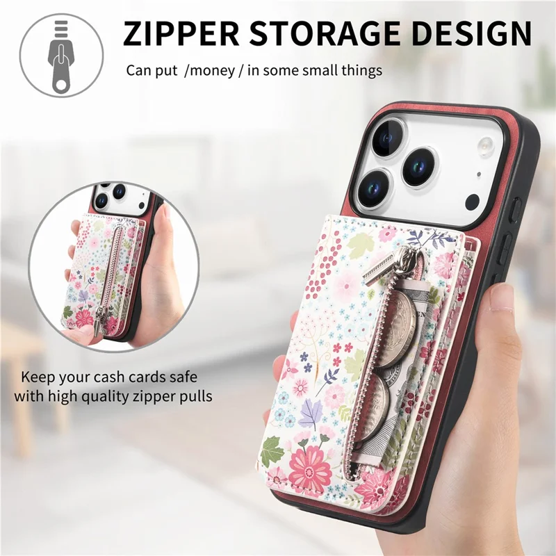 For iPhone 17 Pro Leather Phone Cover with RFID Blocking Zipper Card Bag Kickstand - Pink