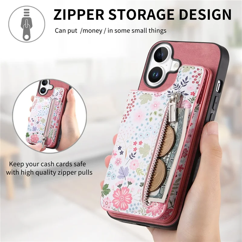 For iPhone 17 Leather Phone Cover with RFID Blocking Zipper Card Bag Kickstand - Pink