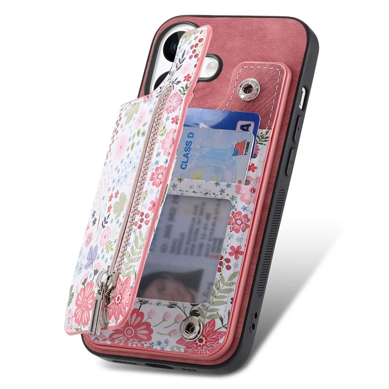For iPhone 17 Leather Phone Cover with RFID Blocking Zipper Card Bag Kickstand - Pink