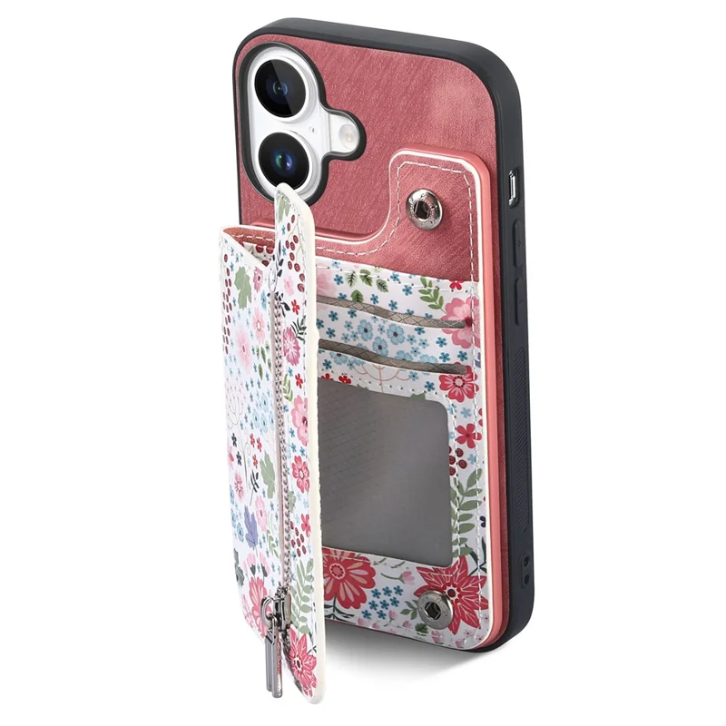 For iPhone 17 Leather Phone Cover with RFID Blocking Zipper Card Bag Kickstand - Pink