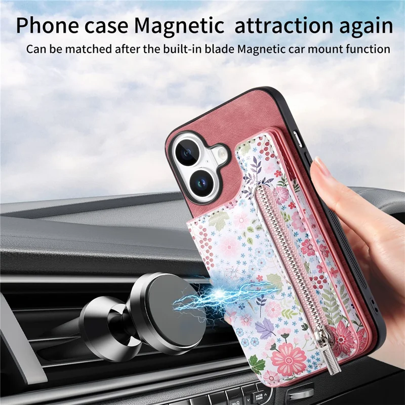 For iPhone 17 Leather Phone Cover with RFID Blocking Zipper Card Bag Kickstand - Pink