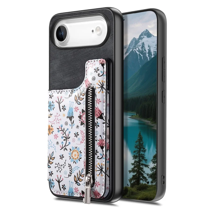 For iPhone Air Leather Phone Cover with RFID Blocking Zipper Card Bag Kickstand - Black