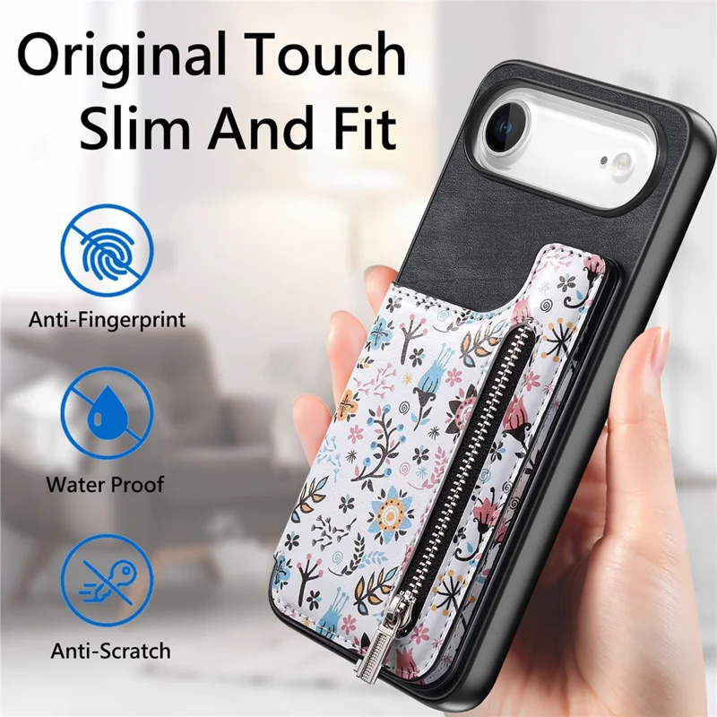 For iPhone Air Leather Phone Cover with RFID Blocking Zipper Card Bag Kickstand - Black