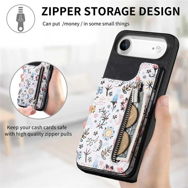 For iPhone Air Leather Phone Cover with RFID Blocking Zipper Card Bag Kickstand - Black