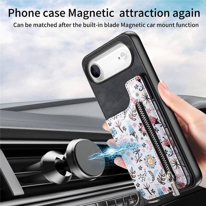 For iPhone Air Leather Phone Cover with RFID Blocking Zipper Card Bag Kickstand - Black