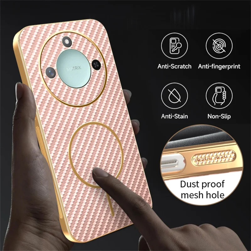 For Honor X9c Smart 5G / X60 5G Phone Case Carbon Fiber Textured Electroplated TPU Back Cover - Pink