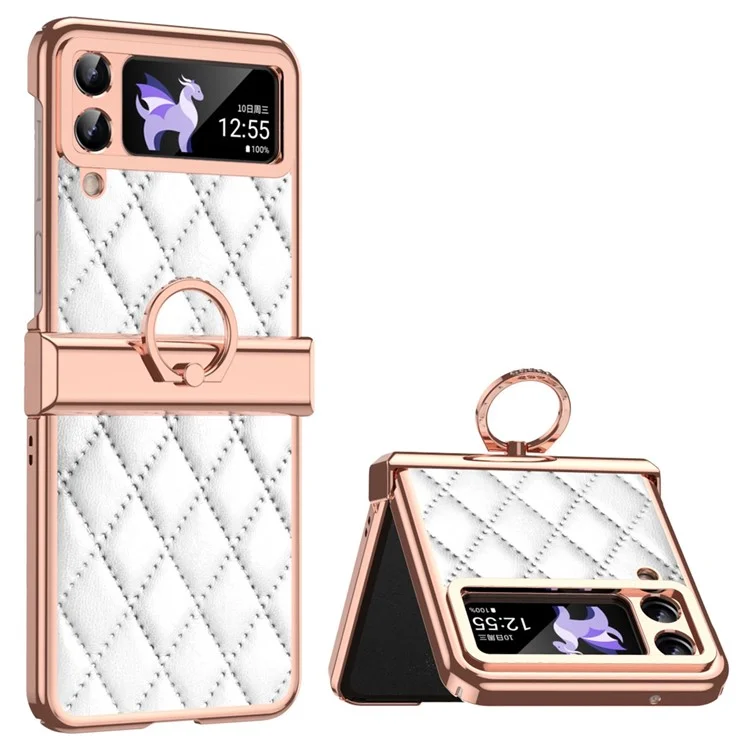 Pour Samsung Galaxy Z Flip3 5G Ring Kickstand Electroplating PU Leather Coated PC Case Imprinted Rhombus Grid Pattern Folding Phone Cover - Blanc